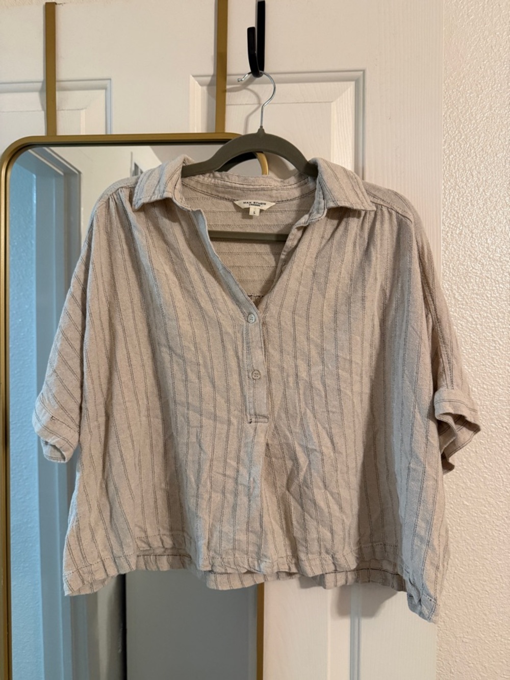 Max Studio Light Beige and Gray Striped Casual Button-Down Shirt